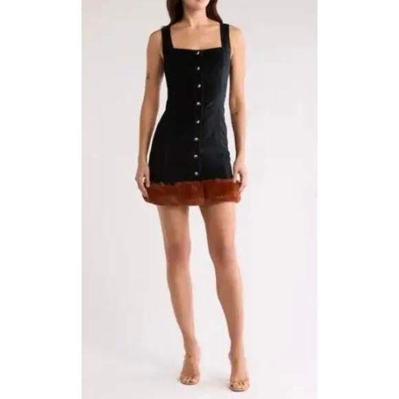 Staud mini dress square neck button-down front  yin-yang symbols, faux fur (New) - Picture 1 of 5